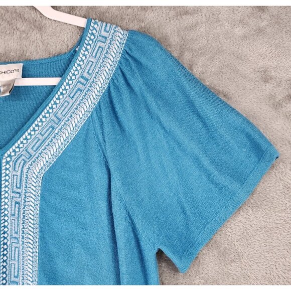 Chicos Shirt Womens 3 Blue Embroidered Linen Blend Casual Short Sleeve Blouse - Picture 8 of 10